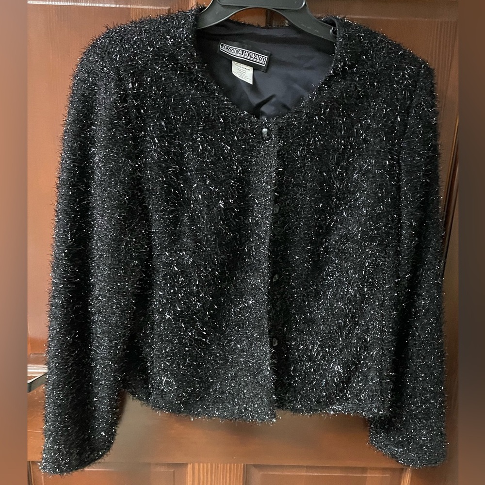 Jessica Howard Women’s Black Jacket Social Button Up Size 16 Shimmery Evening